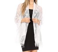 Sakkas 1929 - Mari Women's Large Lightweight Soft Lace Scarf Wrap Shawl Floral and Fringe - Style2-White - OS