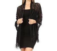 Sakkas 1929 - Mari Women's Large Lightweight Soft Lace Scarf Wrap Shawl Floral and Fringe - Style4-Black - OS