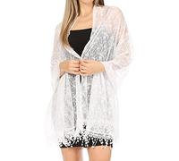 Sakkas 1929 - Mari Women's Large Lightweight Soft Lace Scarf Wrap Shawl Floral and Fringe - Style4-White - OS