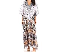 Sakkas 2001 - Yeni Women's Short Sleeve V-Neck Summer Floral Long Caftan Dress Cover-up - CTM385-Multi - OS