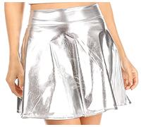 Sakkas 2010 - Womens Liquid Metallic Stretchy Flared Sporty Mini Skater Skirt USA Made - Silver - L