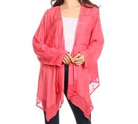 Sakkas 30232 - Isenia Cardigan Open Front Kimono Long Sleeve Embroidered Top Blouse Lace - Coral - OS