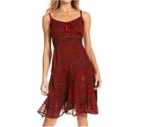 Sakkas 4031 Stonewashed Rayon Embroidered Adjustable Spaghetti Straps Mid Length Dress - Red - S/M