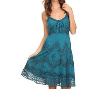 Sakkas 4031 Stonewashed Rayon Embroidered Adjustable Spaghetti Straps Mid Length Dress - Turquoise Blue - L/XL