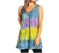 Sakkas 50831 Multi-Color Tie Dye Floral Sequin Sleeveless Blouse - Navy - One Size Plus