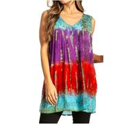 Sakkas 50831 Multi-Color Tie Dye Floral Sequin Sleeveless Blouse - Turquoise - One Size Plus
