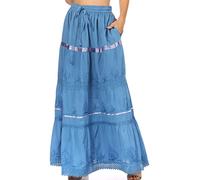 Sakkas 554 Solid Embroidered Gypsy/Bohemian Full/Maxi/Long Cotton Skirt - Blue/One Size