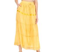 Sakkas 554M Solid Embroidered Gypsy/Bohemian Mid Length Cotton Skirt - Yellow/One Size