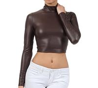 Sakkas 687121 Matte Liquid Mock Neck Turtleneck Long Sleeve Crop Top - Made in USA - Brown - M