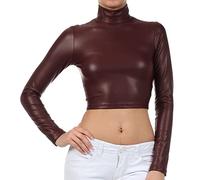Sakkas 687121 Matte Liquid Mock Neck Turtleneck Long Sleeve Crop Top - Made in USA - Burgandy - L