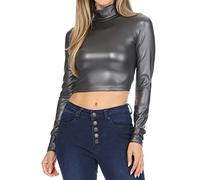 Sakkas 687121 Matte Liquid Mock Neck Turtleneck Long Sleeve Crop Top - Made in USA - Gray - L