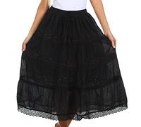 Sakkas 754M Solid Embroidered Crochet Lace Trim Gypsy Bohemian Mid Length Cotton Skirt - Black/One Size