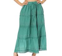 Sakkas 754M Solid Embroidered Crochet Lace Trim Gypsy Bohemian Mid Length Cotton Skirt - Green/One Size