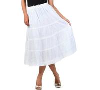 Sakkas 754M Solid Embroidered Crochet Lace Trim Gypsy Bohemian Mid Length Cotton Skirt - White/One Size