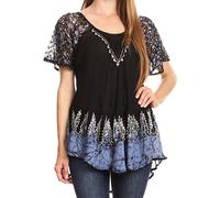 Sakkas 786 - Cora Relaxed Fit Batik Design Embroidery Cap Sleeves Blouse/Top - Black/Blue - OS