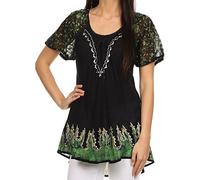 Sakkas 786 - Cora Relaxed Fit Batik Design Embroidery Cap Sleeves Blouse/Top - Black/Green - OS