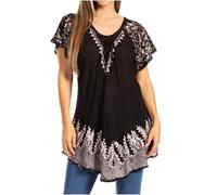 Sakkas 786 - Cora Relaxed Fit Batik Design Embroidery Cap Sleeves Blouse/Top - Black/Grey - OSP