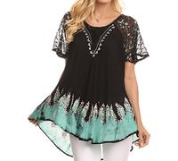 Sakkas 786 - Cora Relaxed Fit Batik Design Embroidery Cap Sleeves Blouse/Top - Black/Mint - OSP