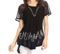 Sakkas 786 - Cora Relaxed Fit Batik Design Embroidery Cap Sleeves Blouse/Top - Black/Navy - OS