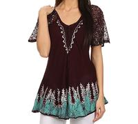 Sakkas 786 - Cora Relaxed Fit Batik Design Embroidery Cap Sleeves Blouse/Top - Burgundy - OS