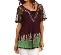 Sakkas 786 - Cora Relaxed Fit Batik Design Embroidery Cap Sleeves Blouse/Top - Chocolate/Green - OS