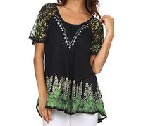 Sakkas 786 - Cora Relaxed Fit Batik Design Embroidery Cap Sleeves Blouse/Top - Navy/Green - OSP