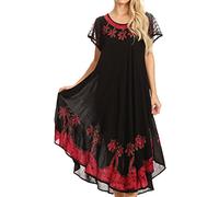 Sakkas A009 Batik Palm Tree Cap Sleeve Caftan Dress/Cover Up - Black/Red - OS