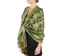 Sakkas Double Layer Jacquard Paisley Pashmina Shawl/Wrap / Stole, One Size, Dark Olive Green / Champagne