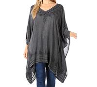 Sakkas K2022S - Wren Lightweight Circle Poncho Top Blouse with Detailed Embroidery - 1-Black - OS