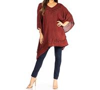 Sakkas K2022S - Wren Lightweight Circle Poncho Top Blouse with Detailed Embroidery - A-Burgandy - OS