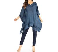 Sakkas K2022S - Wren Lightweight Circle Poncho Top Blouse with Detailed Embroidery - A-Midnight Blue - OS