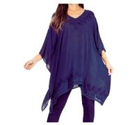 Sakkas K2022S - Wren Lightweight Circle Poncho Top Blouse with Detailed Embroidery - A-Navy - OS