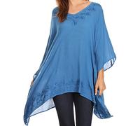 Sakkas K2022S - Wren Lightweight Circle Poncho Top Blouse with Detailed Embroidery - Blue - OS