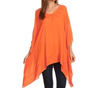 Sakkas K2022S - Wren Lightweight Circle Poncho Top Blouse with Detailed Embroidery - Orange - OS