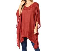 Sakkas K2022S - Wren Lightweight Circle Poncho Top Blouse with Detailed Embroidery - Red - OS