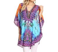 Sakkas P22 - Balloon Top Tallulah Wide Circle Blouse Poncho Top with Tie Neck Enclosure with Bead - 1704-Turquoise/Orange - OS