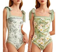 Saklifuo Women's One Piece Swimsuit -Bathing Suit for Women Tummy Control Reversible Bustier Floral Print Monokinis Light Green