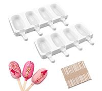 Sakolla 2 Pack Silicone Popsicle Molds, 4 Cavities Oval Mini Ice Pop Molds with 50 Wooden Sticks for Homemade Cake Pop, Cakesicles, Ice Cream (White)
