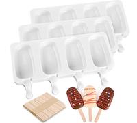 Sakolla 3 Pack Large Popsicle Molds 4 Cavities Cake Pop Silicone Molds Oval Ice Cream Cakesicle Molds for Homemade Ice Pop with 100 Wooden Sticks