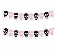 SaktopDeco 2 Pack Black Pink Skull Garland Banner Felt Skeleton Garland Halloween Banner for DIY Gothic Decorations Halloween Home Decor