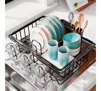 Sakugi Dish Drainer Rack - Space-Saving Extendable Stainless Steel Dish Drying Rack for Kitchen, Fits Draining Board or Sink, with Cutlery and Cup Holders, 39 x 25 x 8 cm, Black