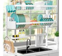 Sakugi Over The Sink Dish Drying Rack - Adjustable 3 Tier XX-Large Capacity Stainless Steel Drainer with Cutlery & Utensil Holders, Kitchen Storage & Organization, 31.5"-39.5"L x 12"W x 30.5"H, White