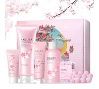 Sakura Body Care Gift Set, 8 PCS Sakura Bath Sets for Women Gifts, Bath Gift Sets con Shower Gel, Bath Bombs, Body Lotion, Hand Mask, Travel Soap, Hand Cream, Suitable Mother's Day, Birthday Gifts