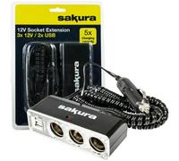 Sakura Car 12V 3 Way Socket Extension Cigarette Lighter Plug Twin Usb Charger Ports