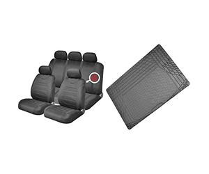 Sakura Car Seat and Headrest Covers Carnaby Black SS5397 & Black Rubber Boot Mat SS5125 - Protects Your Vehicle Carpet - 120 x 80 cm - Fits All Cars - Trim-To-Fit