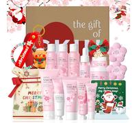 Sakura Christmas Set, 12-Piece Luxurious Skincare & Body Care Surprises with Lip Mask, Serum, Hand Cream, Shampoo, Body Wash, & More, Self Care Pamper Gifts for Women Girls, Holiday Gifting