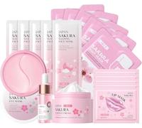 Sakura Ensemble de Soins de la Peau, Coffrets Cadeau de Soins pour la Peau, Soins Visage Adolescente, avce Masque Nettoyant, Masque, Masque à Lèvres, Masque Yeux, Essence, Crème (18 pieces)