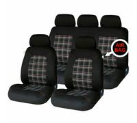 Sakura Car Seat and Headrest Covers - 'Lambeth' Full Set in Black with Red/White Checked Stitching Design - Universal Easy Fit