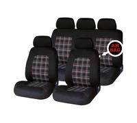 Sakura Car Seat and Headrest Covers - 'Lambeth' Full Set in Black with Red/White Checked Stitching Design - Universal Easy Fit