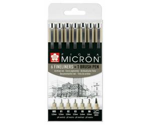 Sakura Pigma Micron Set Black Archival 6 x Fine Liner Pens + 1 Brush Pen